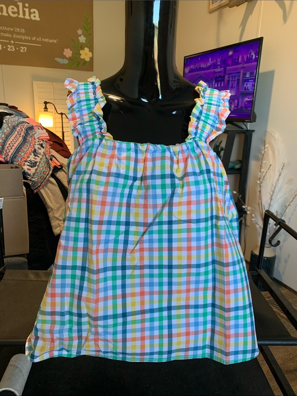 #106 Time and Tru Multicolor Gingham Ruffle Strap Tank Top